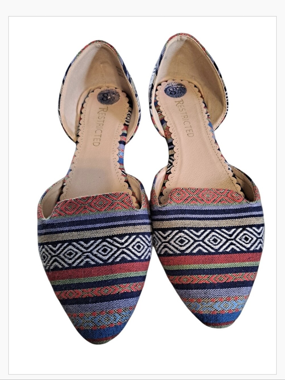 Restricted Multicolor Striped D'Orsay Flats in Navy, Red, Green and Cream